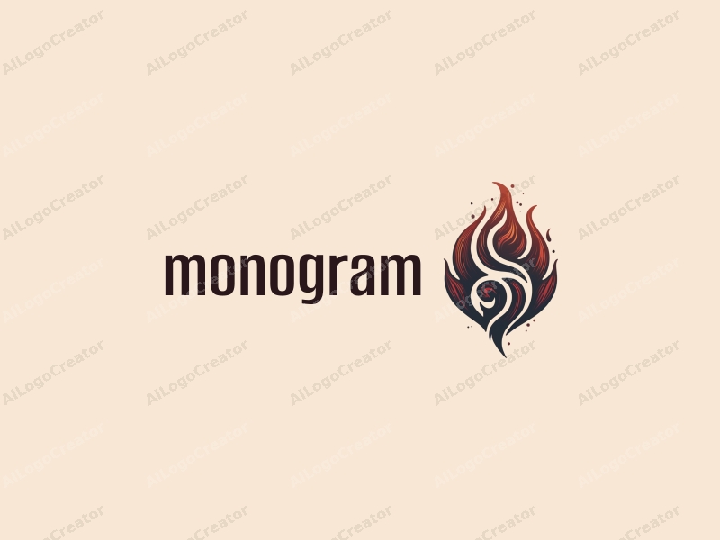 a modern design featuring stylized letters intertwined with flame elements and textured patterns, combined with a clean background.