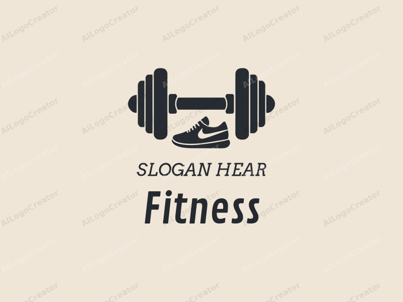 modern design features a stylized dumbbell and running shoes, combined with a clean background and a minimalist approach.