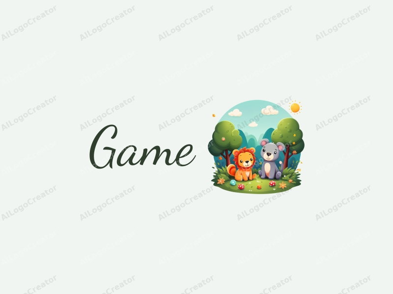 playful design features vibrant colors, whimsical game and toy elements, a lush forest background, and charming animal characters, combined with a clean and simple layout.