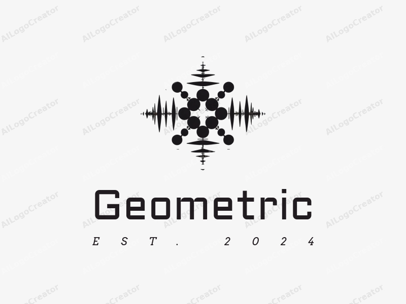 geometric design features a harmonious combination of squares and circles, integrated with musical notes and waveforms, set against a clean black and white background.