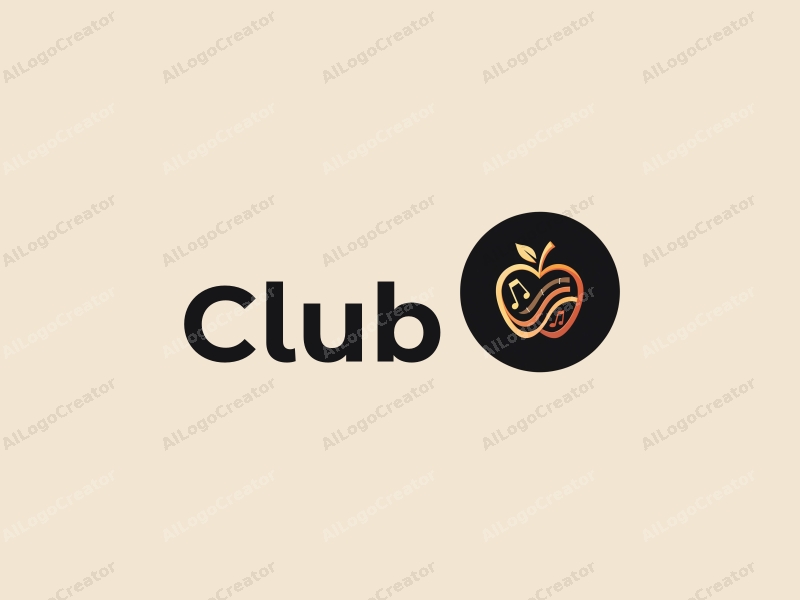 a modern minimalist design featuring a stylized apple intertwined with musical notes, representing a social club atmosphere, combined with a clean black background.