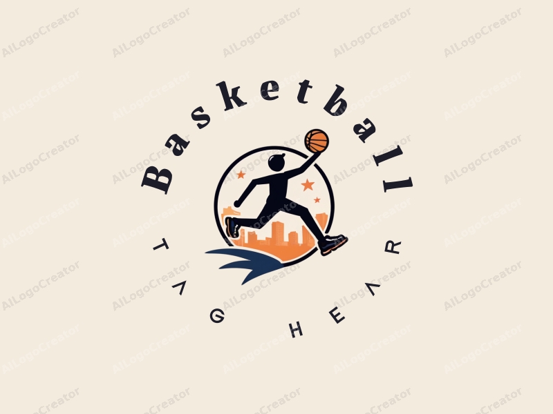 playful design features a stylized basketball, an athlete in motion, and a pair of basketball shoes, combined with a clean background.