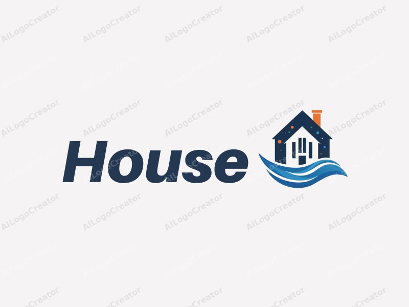 modern design features a stylized house and building silhouette, integrated with flowing data elements and a waterfall motif, combined with a clean background.