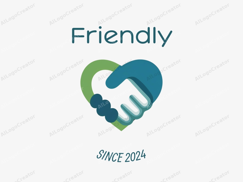 playful design features a friendly handshake intertwined with a heart shape, using blue and green colors, combined with a clean background.