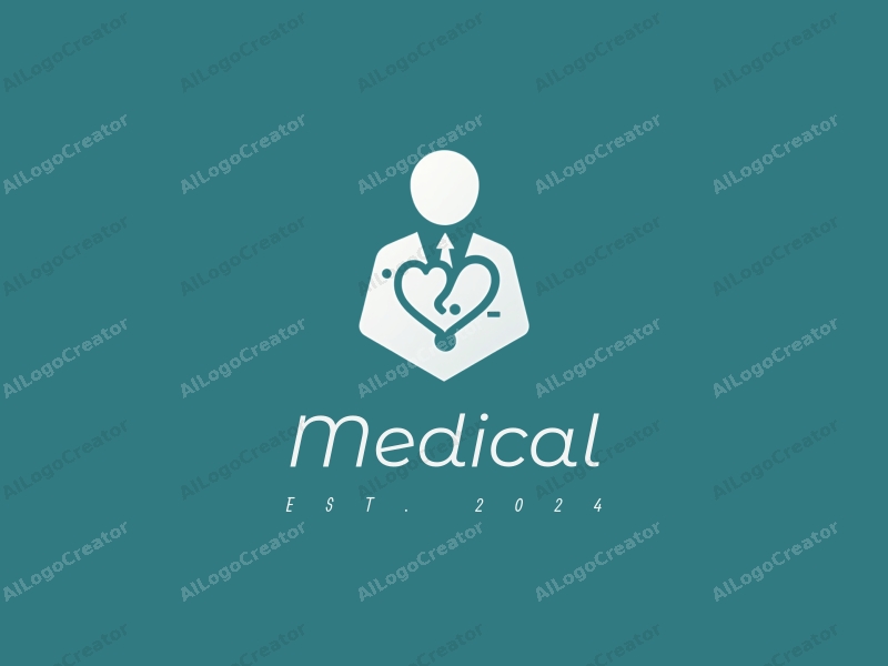 modern design features a stylized hospital silhouette, a doctor figure, a stethoscope intertwined with a heart, combined with a clean background.