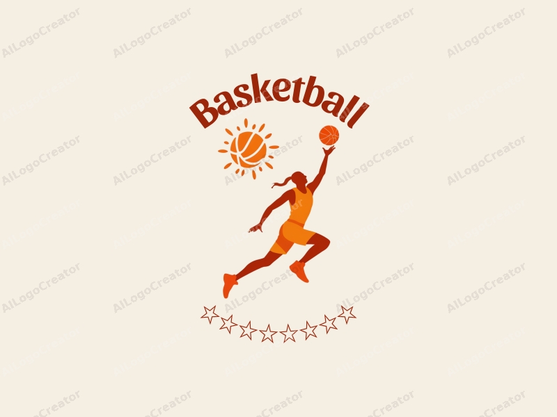 playful design features a dynamic silhouette of an athlete leaping with a basketball, incorporating a vibrant orange color scheme and a clean, energetic background.