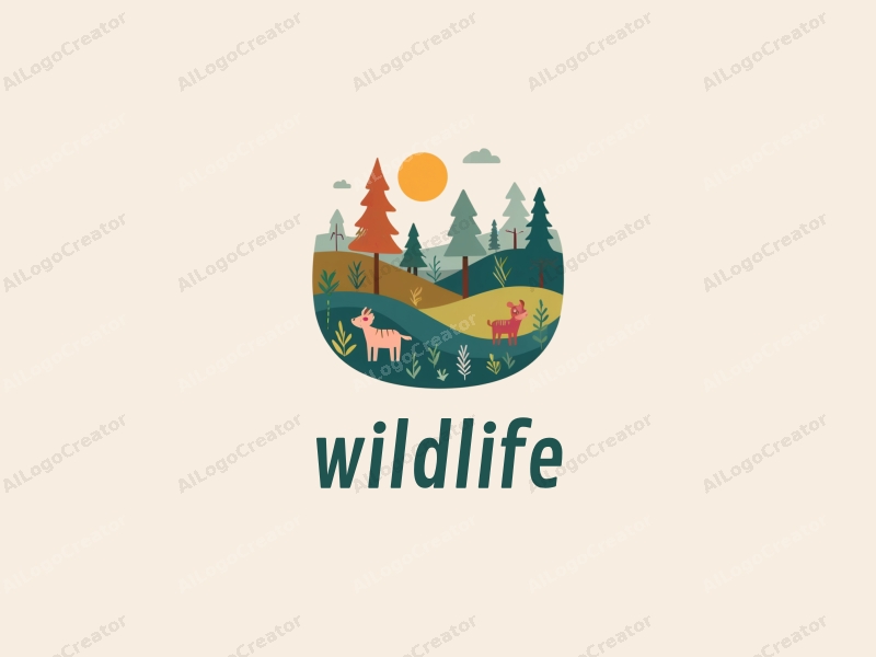 playful design features stylized trees, whimsical animals, and vibrant natural landscapes combined with a clean background.