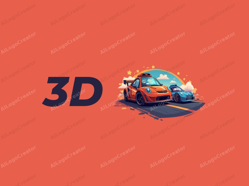 a modern design featuring 3D dynamic elements of racing cars and animated characters, combined with a colorful background and a clean layout.