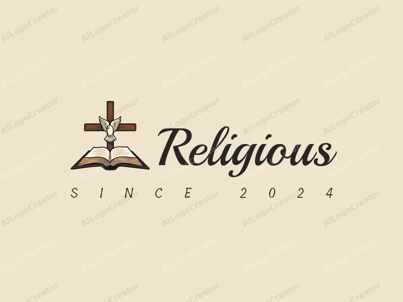 vintage design features a stylized cross, an open Bible, and a dove, combined with a clean background and harmonious composition.