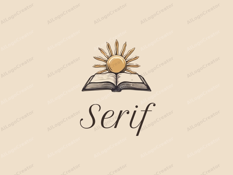 vintage design features elegant serif fonts, a stylized sun, and an open book, combined with a clean background.