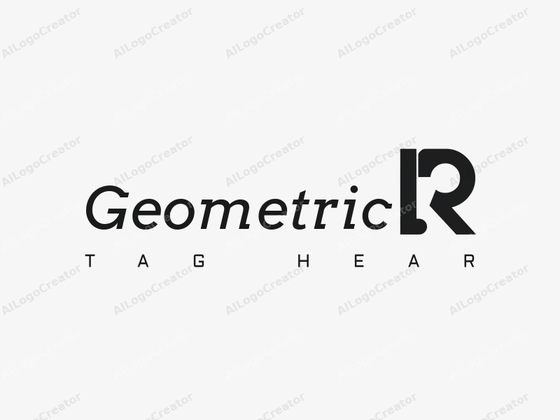 geometric design features a combination of squares and circles, an 'R' integrated within a circular ring, all presented in a black and white color scheme with a clean and minimalistic background.