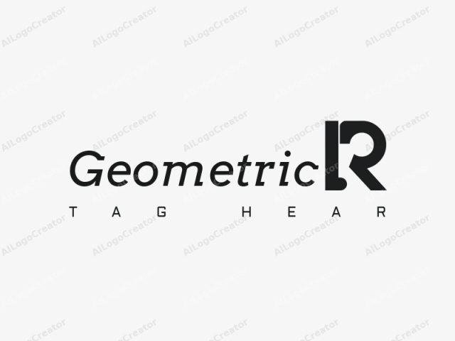 幾何学的デザインは、正方形と円の組み合わせ、円形のリング内に統合された'R'、そしてクリーンでミニマリスティックな背景の白黒カラースキームで構成されています。