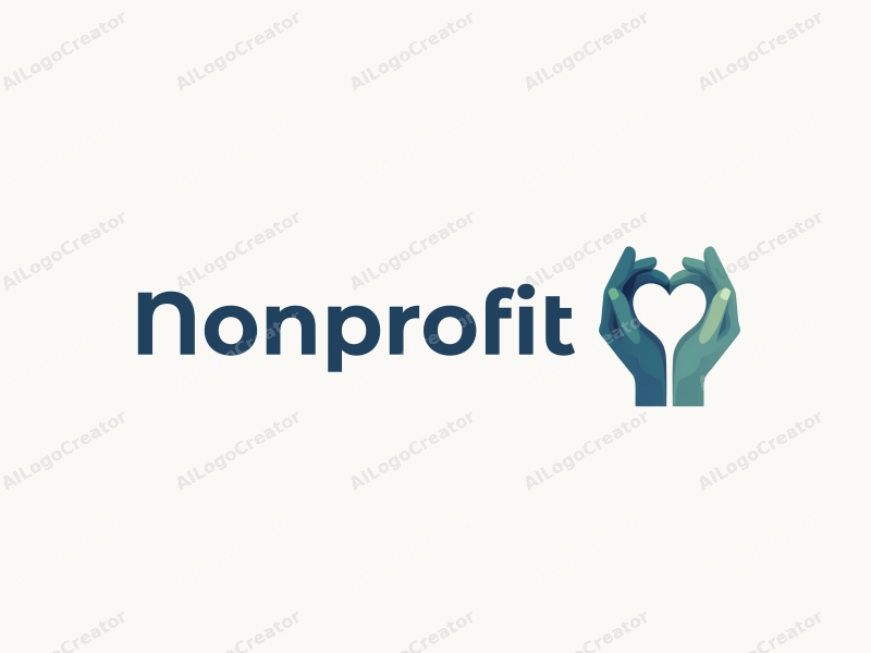 modern design features a heart shape formed by two hands, symbolizing charity and volunteerism, with a clean background in blue and green tones.