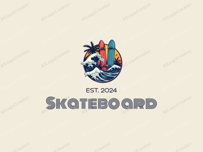 playful design features vibrant skateboards, dynamic water waves, and surfing motifs combined with a clean background.