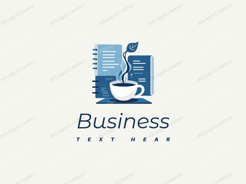 a modern design featuring a stylized coffee cup and notebook, integrated with office elements, using a clean and simple composition with a blue color palette.