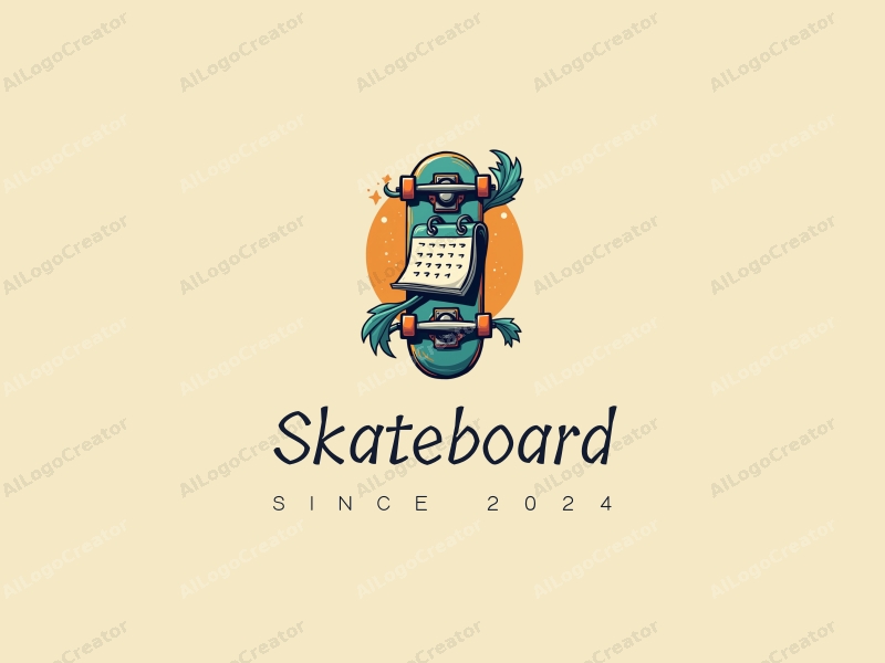 playful design features a vibrant skateboard intertwined with a calendar, showcasing dynamic movement and energy, combined with a clean background.