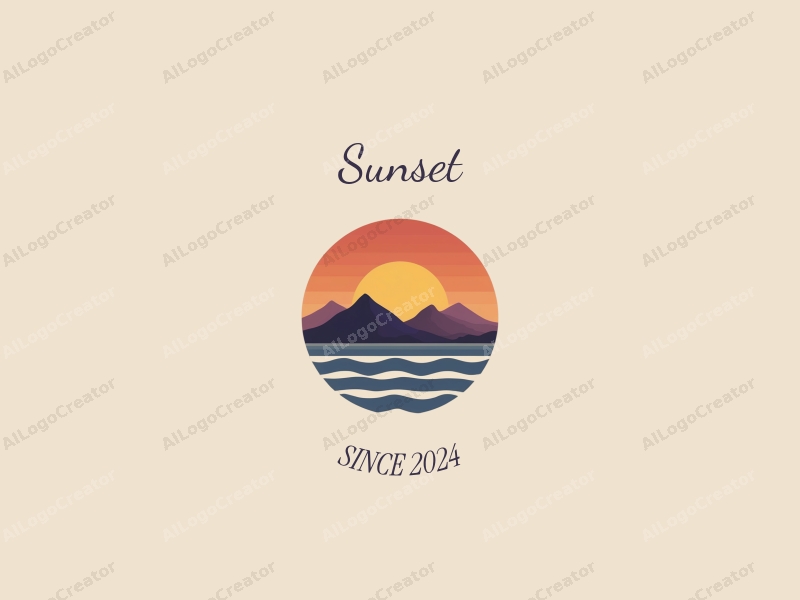 vintage design features a stylized sunset over mountains and ocean, with a harmonious blend of orange and purple colors, creating a clean and simple composition.