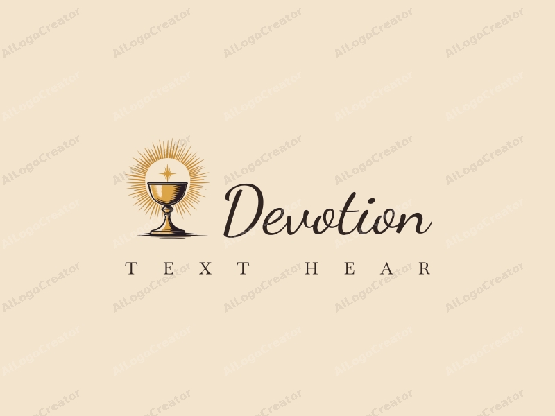 vintage design features a stylized chalice and halo, symbolizing faith and prayer, combined with a golden color palette and a clean background.