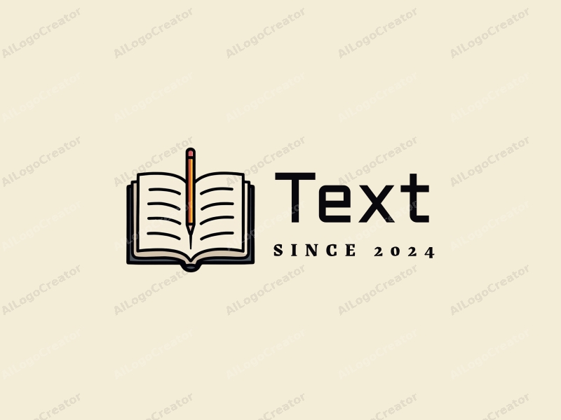 minimalist design features stylized letters and text, an open book, and a pencil, combined with a clean background and a modern design approach.