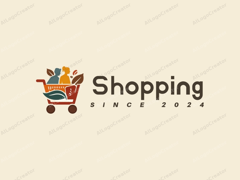 a modern design featuring a colorful shopping mall silhouette, intertwined with coffee beans and a shopping cart, using a clean and harmonious composition.