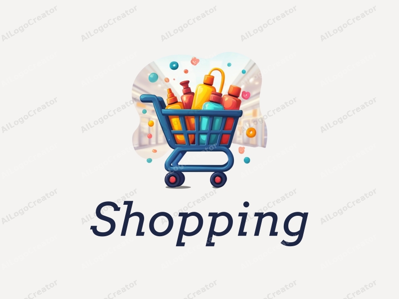 a modern design featuring a colorful shopping cart filled with various products, set against a stylized mall background, emphasizing simplicity and harmony in composition.