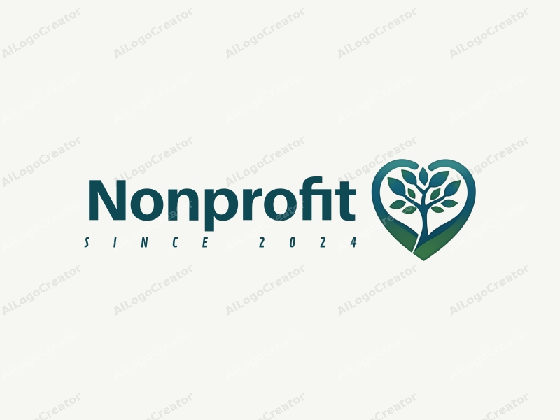 modern design features a heart shape intertwined with a tree, symbolizing charity and volunteerism, using a blue and green color palette combined with a clean background.