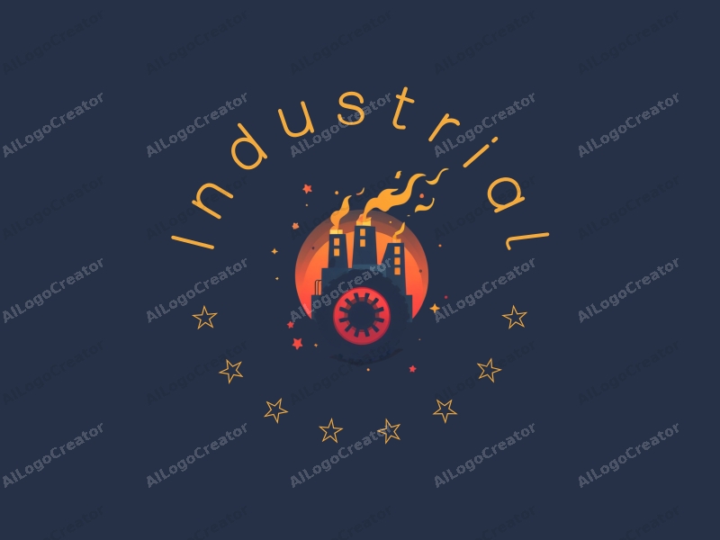 modern design features a stylized factory silhouette, abstract machinery components, and dynamic lighting elements combined with a clean background.