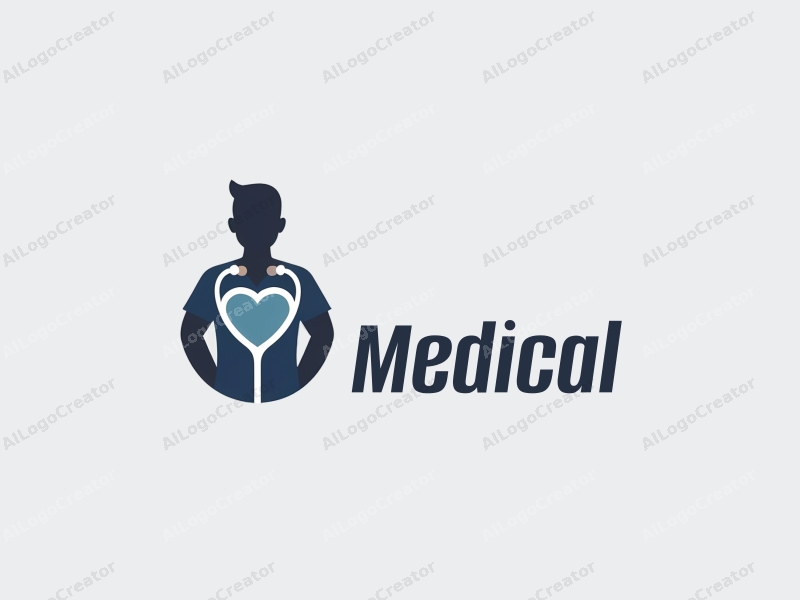 modern design features a stylized hospital silhouette, a doctor figure, a stethoscope intertwined with a heart, combined with a clean background.