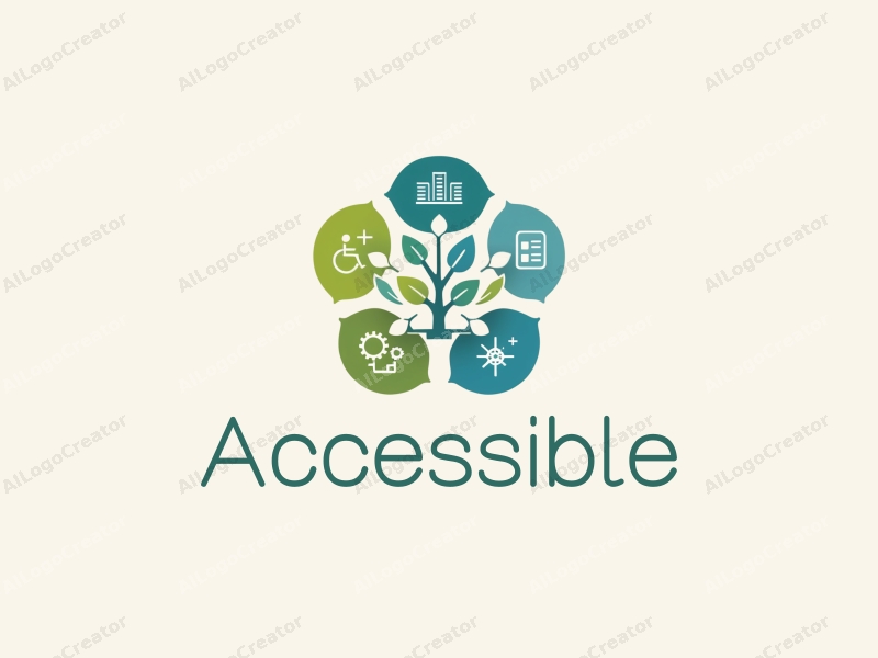 modern design features accessibility elements, inclusive design symbols, energy blocks, and a technology tree, combined with a clean background.