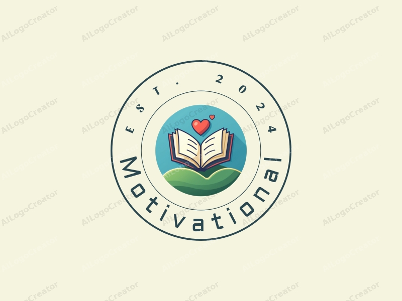 modern design features a stylized book and a heart symbol, representing motivation and encouragement, combined with a clean background in blue and green colors.