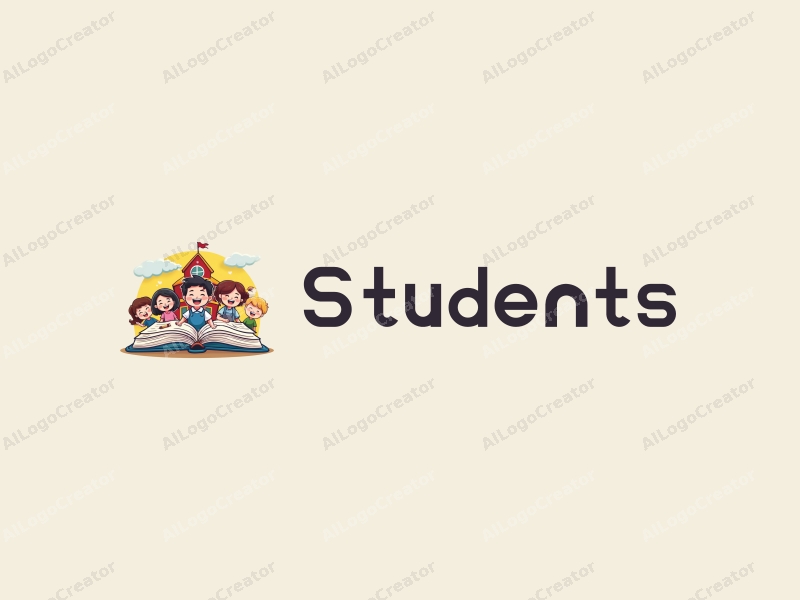 playful design features cheerful students, a stylized school building, open books, and desks, combined with a vibrant and colorful background.