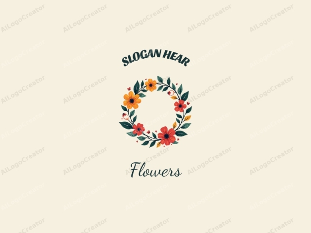 playful design features vibrant flowers and petals arranged in a circular wreath, complemented by playful leaves, all set against a clean background.