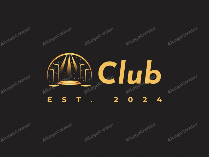 a modern design featuring a stylized stage with musical notes, club elements, and party vibes, combined with a clean background in black and gold.