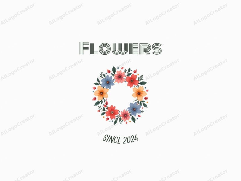 playful design features vibrant flowers and petals arranged in a circular wreath, complemented by playful leaves, all set against a clean background.