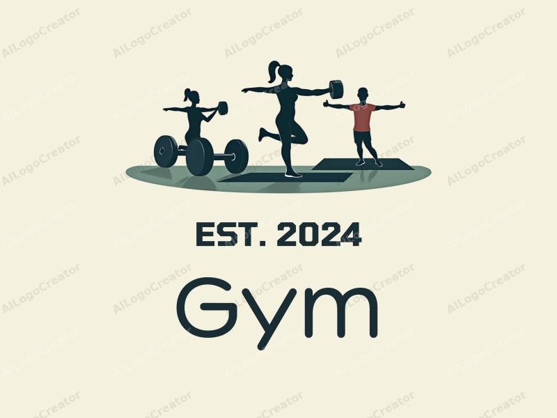 modern design features stylized dumbbells and yoga mats, combined with active individuals in a clean background, emphasizing fitness and movement.