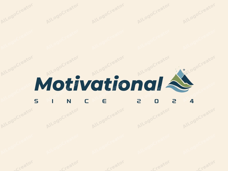 a modern minimalist design featuring stylized mountains symbolizing growth, with elements of motivation and inspiration, using a harmonious blend of blue and green colors against a clean background.