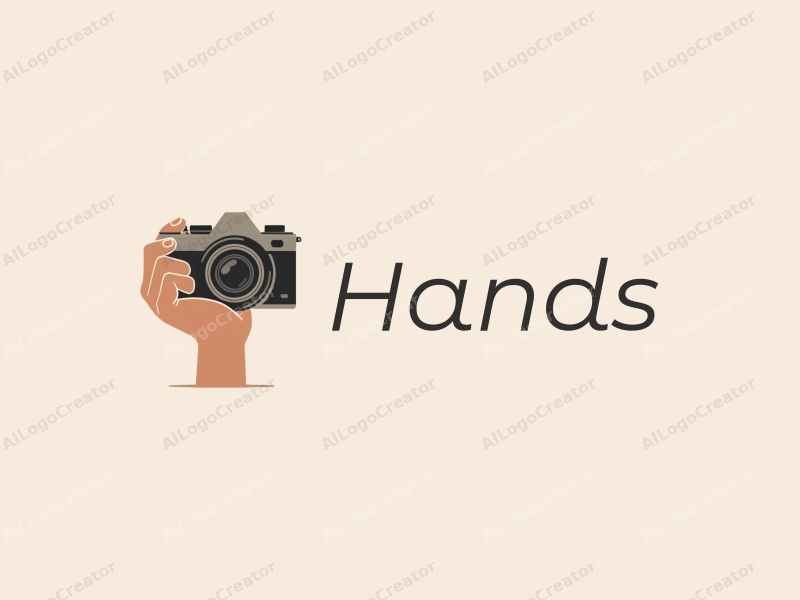 a modern design featuring a hand holding a camera, with a palm element integrated, using skin tone colors against a clean background.