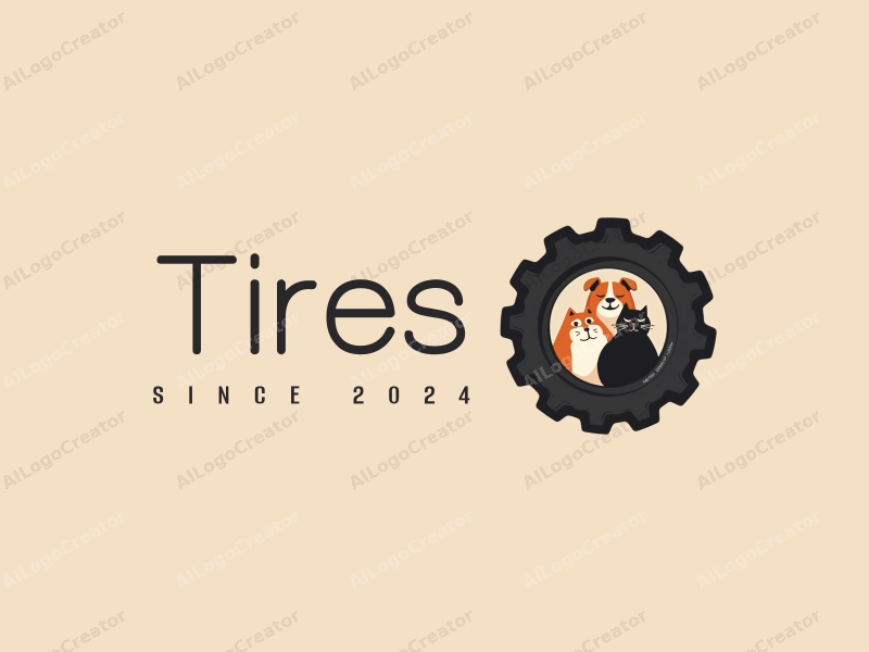 a modern design featuring a stylized tire, a fat cat, and a fat dog, combined with a clean background and a harmonious composition.