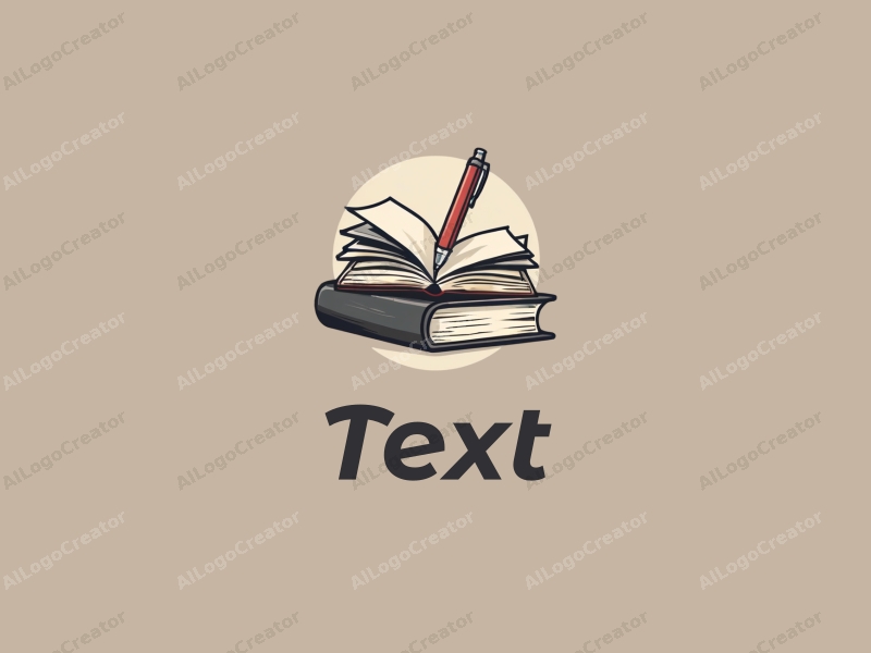 modern design features stylized text and font, an abstract representation of books and a pen, combined with a clean background.