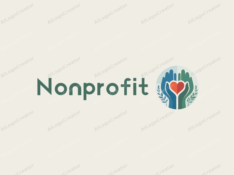 modern design features a stylized heart and hands symbolizing charity and volunteerism, combined with a clean background in blue and green tones.