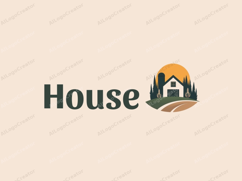 modern design features a stylized house and building silhouette, combined with a barn and grain elements, using a clean background and a harmonious composition.