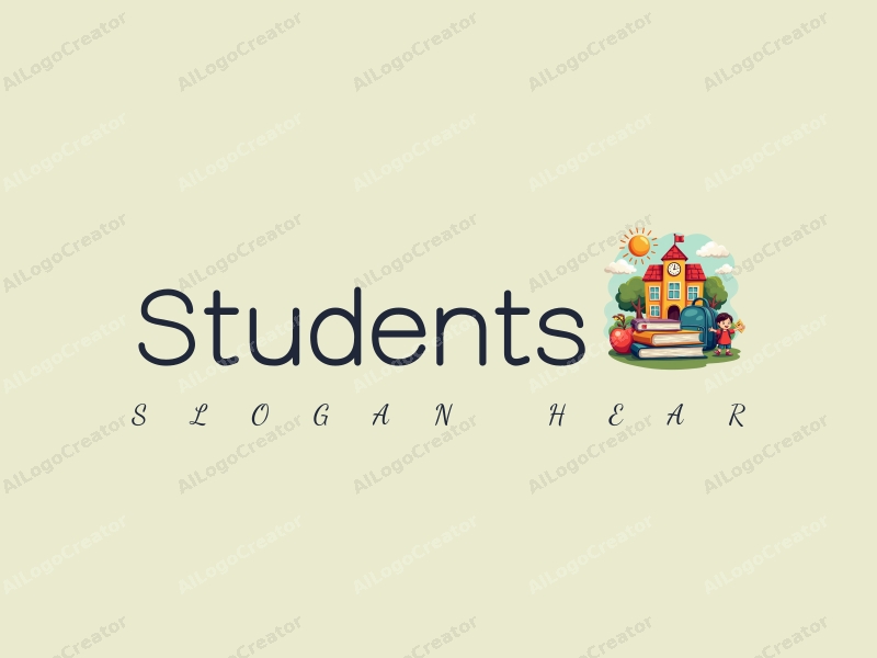 playful design features cheerful students, a stylized school building, books stacked creatively, and a backpack, combined with a vibrant and colorful background.