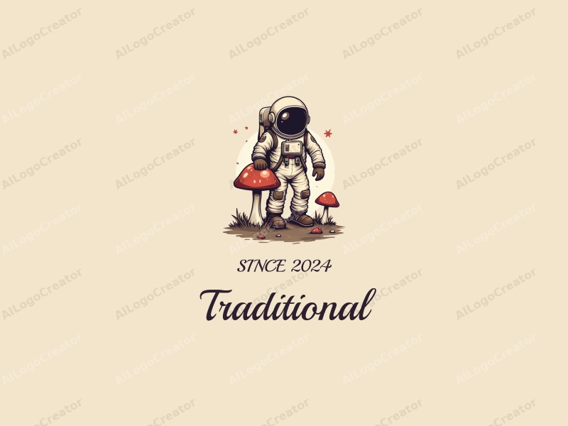 vintage design features traditional and classic motifs, an astronaut interacting with a mushroom, combined with a clean background in brown and beige tones.