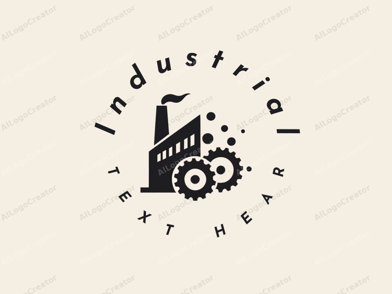 a modern minimalist design featuring a stylized factory silhouette, interlocking gears, and spheres, combined with a clean background.