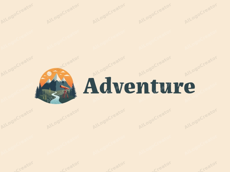 playful design features stylized mountains, a whimsical telescope, and adventure elements combined with a clean background.