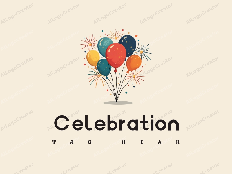 playful design features vibrant fireworks and colorful balloons, combined with a gold accent, creating a festive atmosphere against a clean background.