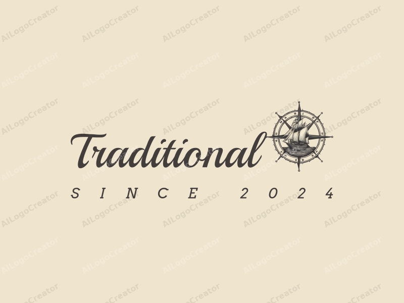 vintage design features a classic ship silhouette and a stylized compass, combined with traditional elements in a harmonious layout against a clean background.