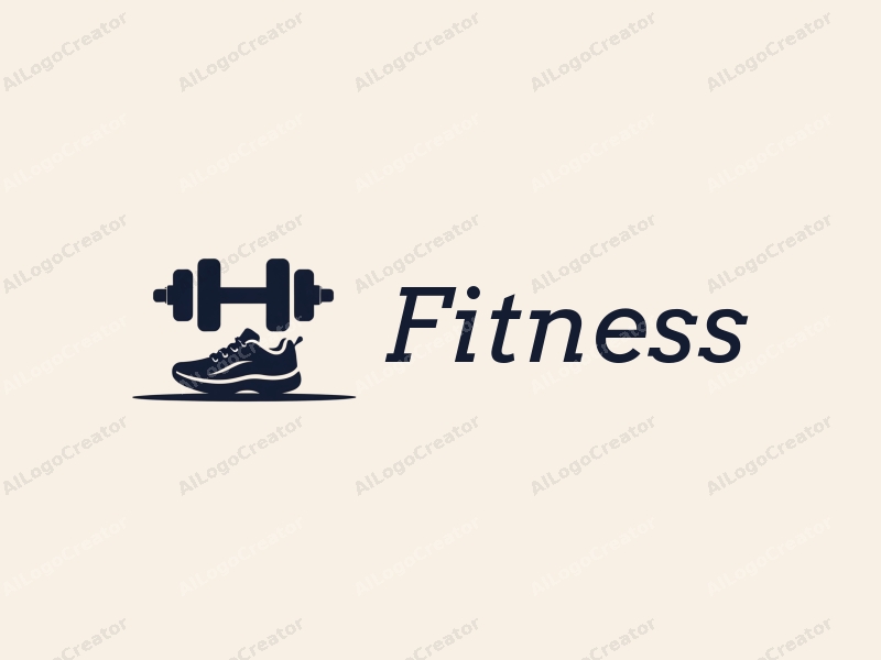 modern design features a stylized dumbbell and running shoes, combined with a clean background and a minimalist approach.