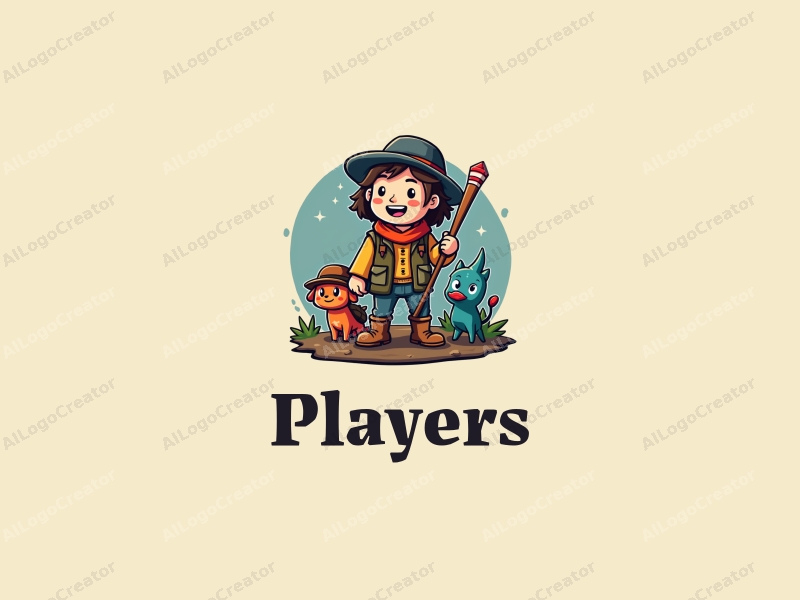 playful design features a vibrant color scheme, a stylized player character, an adventurous explorer, and a whimsical mysterious creature, combined with a clean and engaging background.