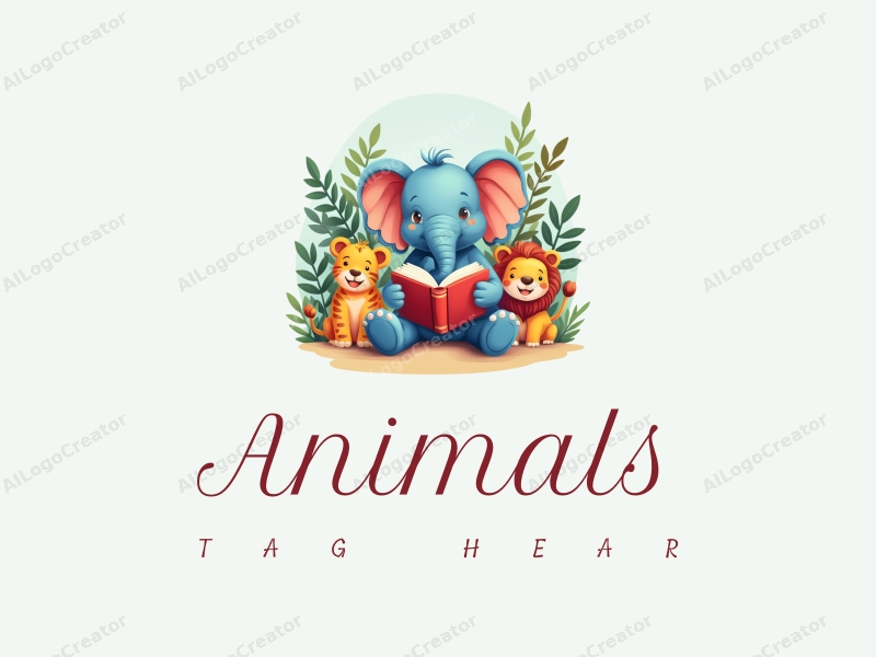 playful design features a colorful elephant reading a book surrounded by various wild animals, incorporating a whimsical and cheerful atmosphere with a clean background.